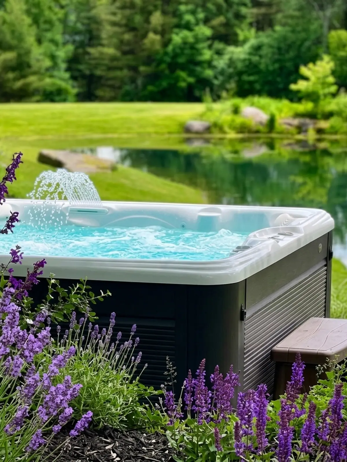 An outdoor hot tub/spa bubbling with turquoise water, situated next to a serene pond. Potted purple flowers sit in the foreground, with green hills and lawns in the background. [Season: Summer] [Lighting: Soft daylight] [Content: Outdoor hot tub, backyard pond, green lawn, hot tub bubbling]