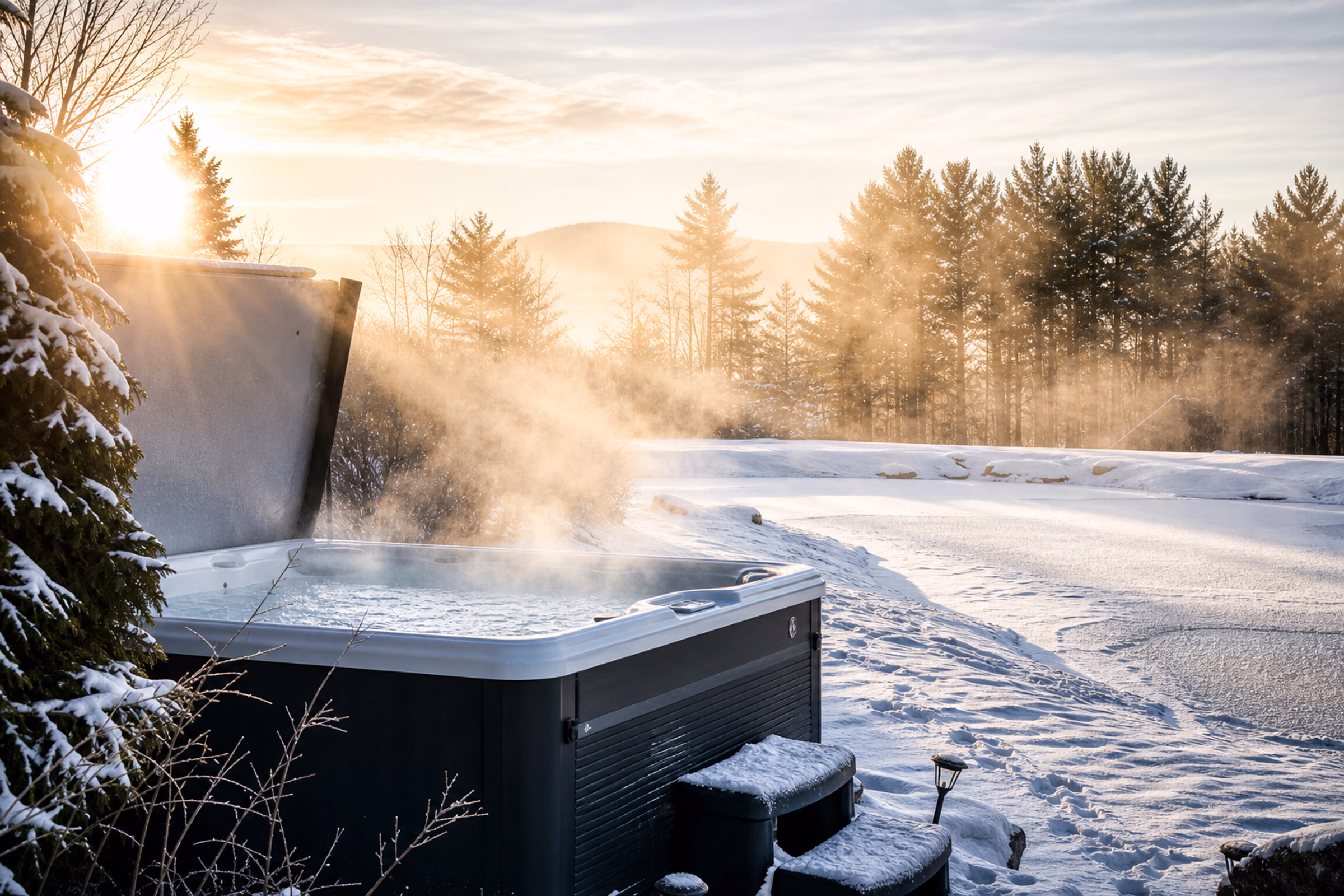 An outdoor spa hot tub steaming heavily in the middle of a winter landscape covered in thick white snow. Tall pine trees stand in the background under a soft winter sky. [Season: Winter] [Lighting: Soft, cool winter daylight] [Content: Steaming hot tub, snow covered ground, winter landscape, pine trees]