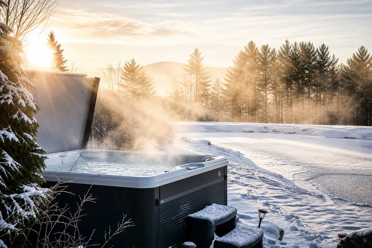 An outdoor spa hot tub steaming heavily in the middle of a winter landscape covered in thick white snow. Tall pine trees stand in the background under a soft winter sky. [Season: Winter] [Lighting: Soft, cool winter daylight] [Content: Steaming hot tub, snow covered ground, winter landscape, pine trees]