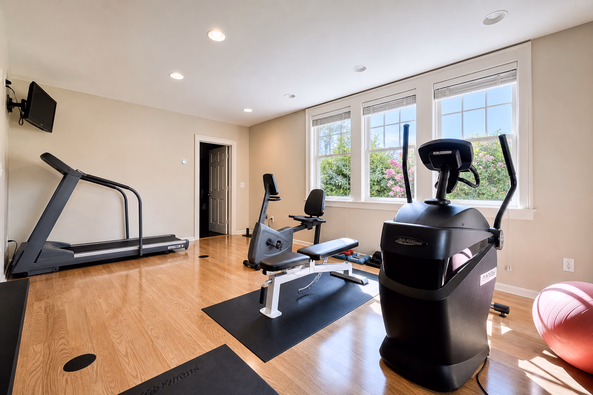 Professional home fitness center fully equipped with modern cardio gear including a treadmill, stationary bikes, and an elliptical machine, set on a wood floor with rubber mats. Large windows look out on green lawns. [Season: Summer] [Lighting: Bright, natural daylight] [Content: Home gym, fitness center, treadmill, cardio machines, gym interior]